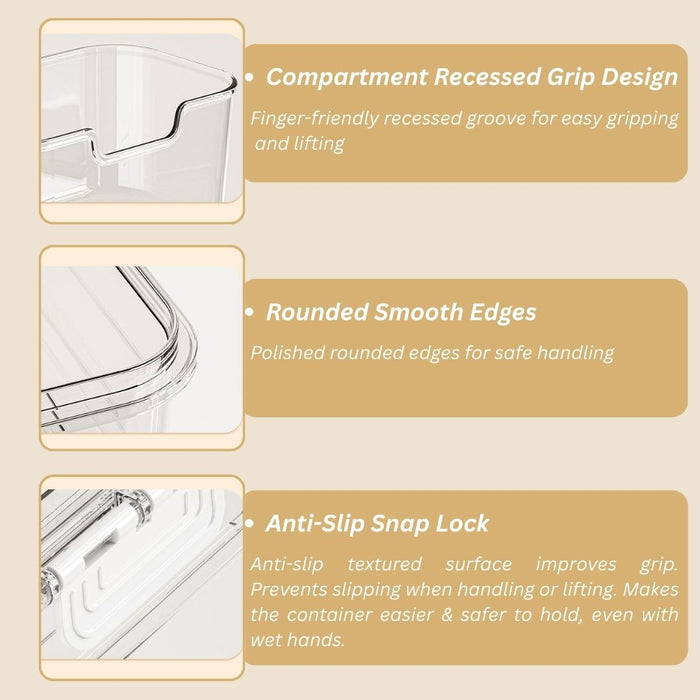 Kitchen storage container detail showing recessed grip, rounded edges and anti-slip snap lock