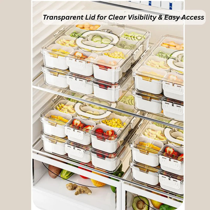 Divided food storage containers with transparent lids for organised refrigerator storage