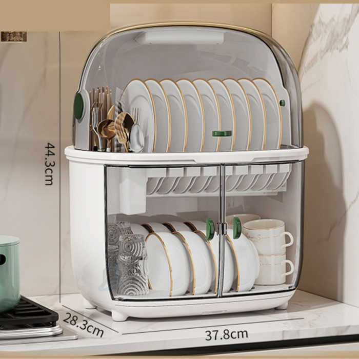Tinted 2 Tier Dish Rack with dimensions showing compact countertop dish drying storage