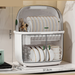 Tinted 2 Tier Dish Rack with dimensions showing compact countertop dish drying storage