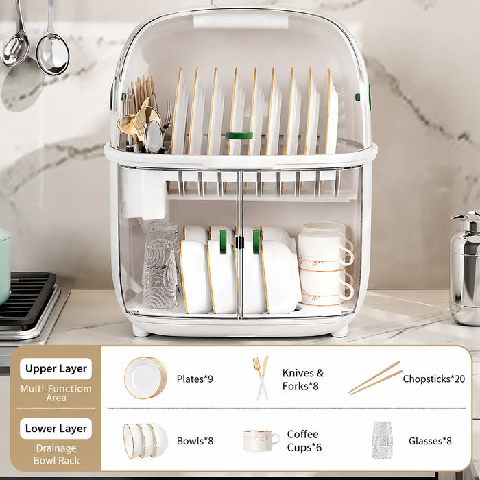 Two tier dish rack with storage capacity for plates, bowls, coffee cups, glasses, knives, forks and chopsticks