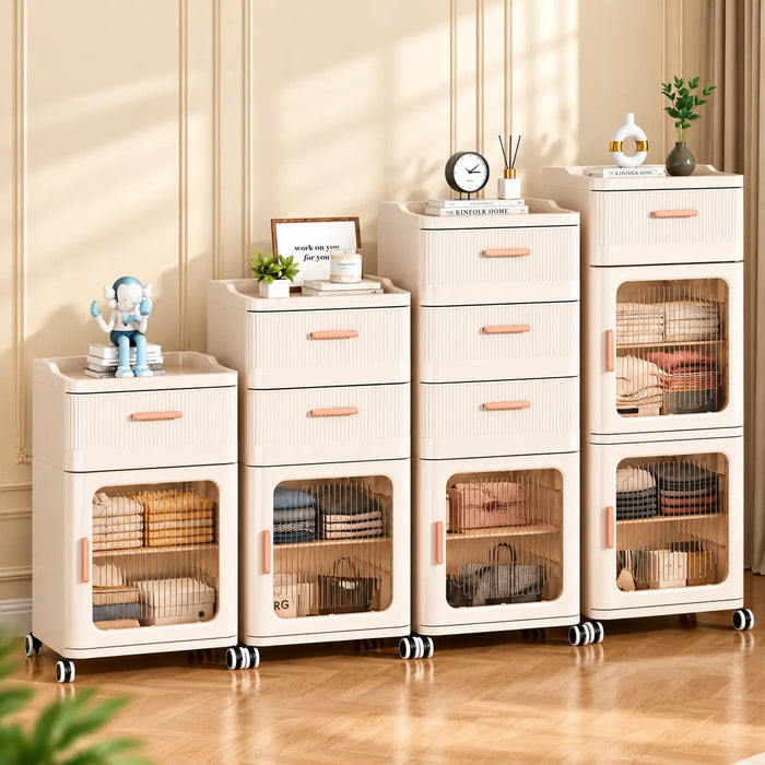 Storage cabinet available in four configurations with drawers and enclosed storage compartments