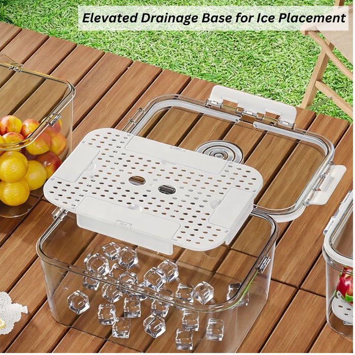 Fridge Storage Container elevated drainage base for ice cube placement
