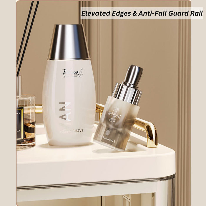 Makeup organiser with elevated top edges and anti-fall guard rail