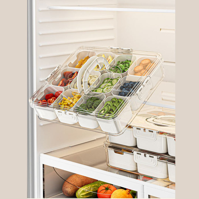 Kitchen food storage container being lifted from fridge shelf with organised compartments