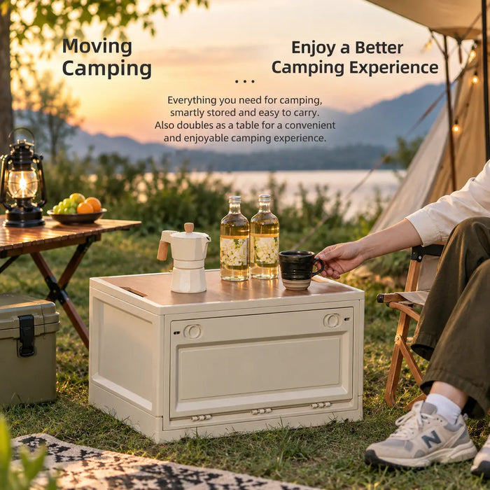 Camping storage box with wood-look tabletop for outdoor camping and entertaining
