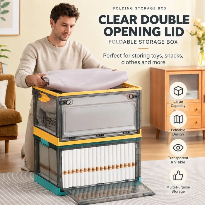 Foldable collapsible storage box with clear double-opening lid for toys, snacks and clothes