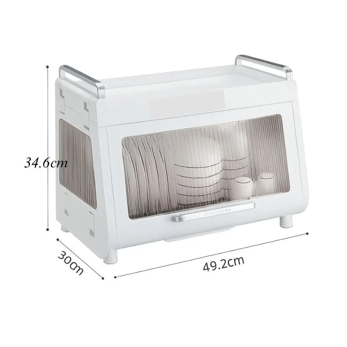 Compact dishrack with tinted transparent door and 49.2cm x 30cm x 34.6cm dimensions
