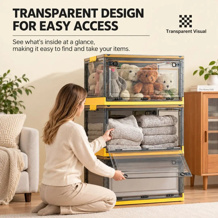 Foldable collapsible storage box with transparent design for easy access to clothes and toys