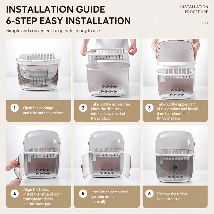 Two tier dish rack six-step installation guide showing assembly of the dish rack and transparent doors