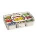 Plastic food storage container with fruit and snacks on white background