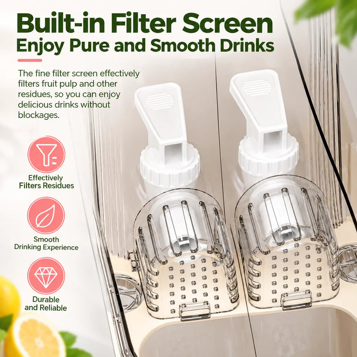 Two-tap drink dispenser with built-in filter screens for filtering fruit pulp and residues
