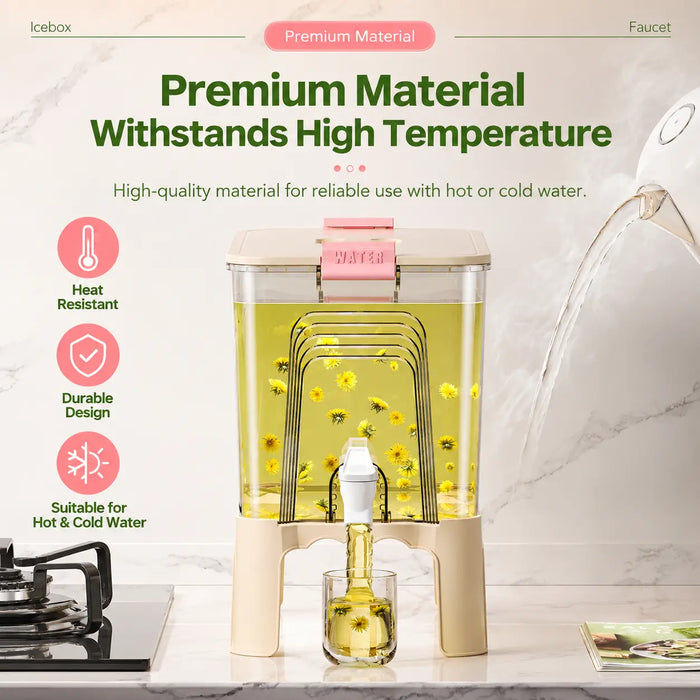 One-tap drink dispenser with raised base for convenient beverage dispensing of hot or cold water