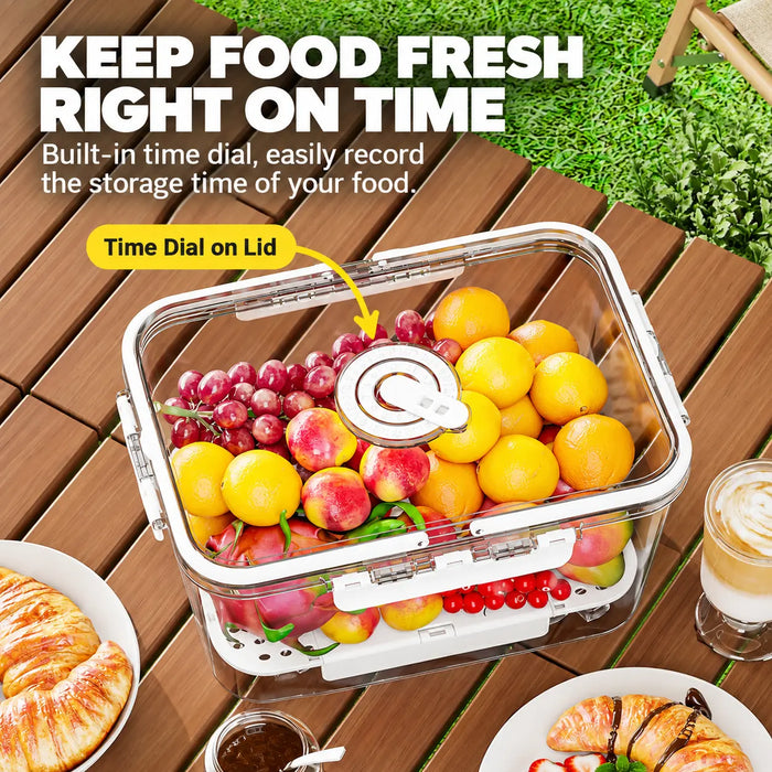 Fridge storage container with built-in time dial for tracking food storage time and freshness.