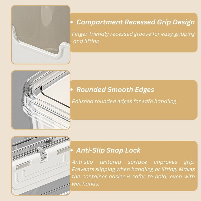 Pantry food storage container detail showing anti-slip snap lock and rounded smooth edges