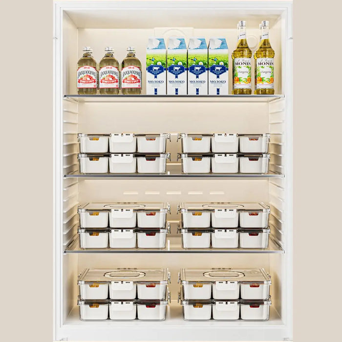 Divided food storage containers with stackable design for neat, organised and space-efficient refrigerator storage