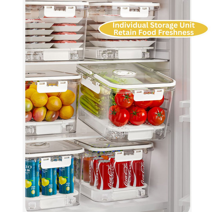 Refrigerator containers neatly organised inside fridge shelves