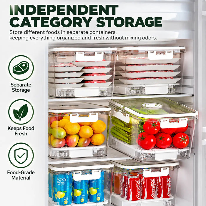 Clear food storage containers with secure lids organised in a refrigerator for separate food storage.