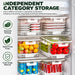 Clear food storage containers with secure lids organised in a refrigerator for separate food storage.