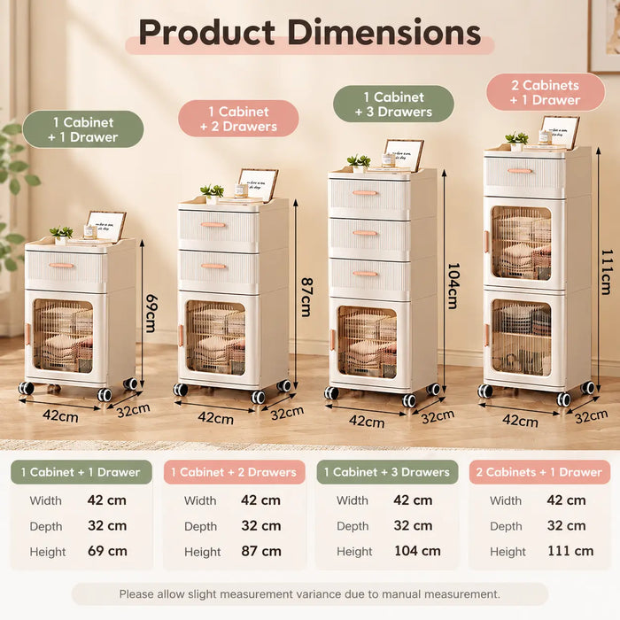 Storage cabinet with drawers in four configurations with dimensions and heights from 69 cm to 111 cm