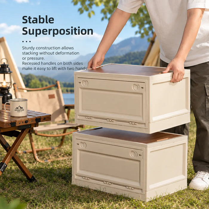 Stackable camping storage boxes with sturdy construction and recessed side handles