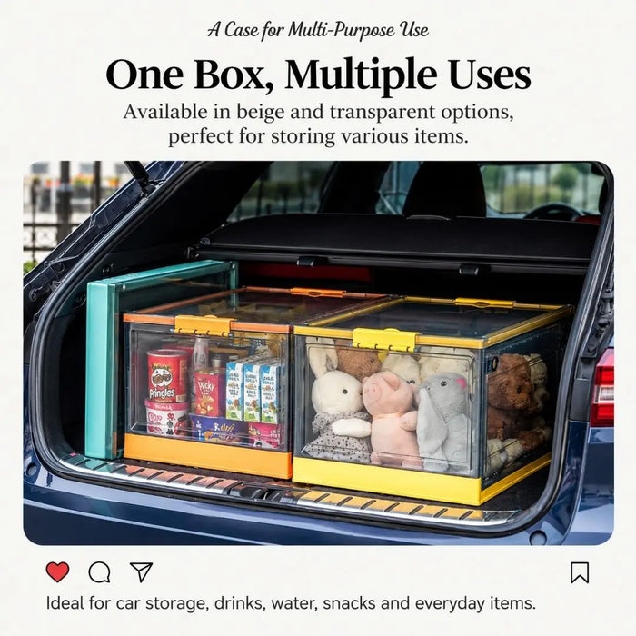 Foldable collapsible storage boxes for organised car boot storage, snacks and everyday items