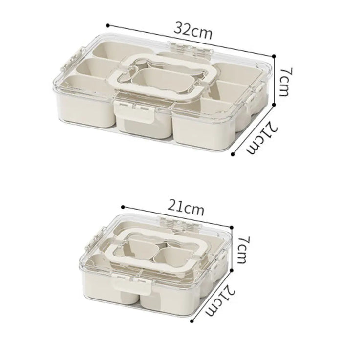 Meal prep containers in 6- and 9-compartment sizes with dimensions of 32 × 21 × 7 cm and 21 × 21 × 7 cm