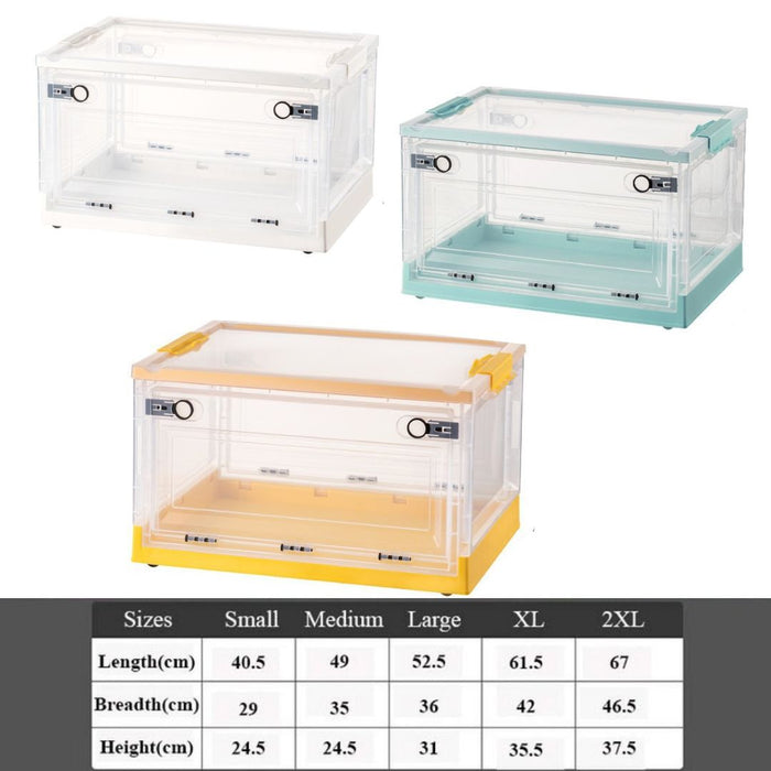 Plastic Storage Boxes available in white, teal and yellow colour options with size chart