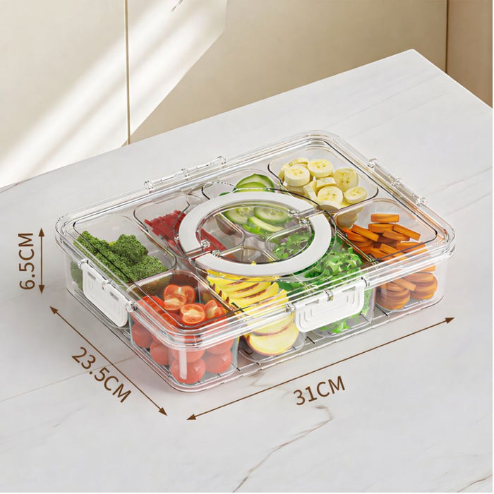 Kitchen storage container with multi-compartment layout and size measurement guide