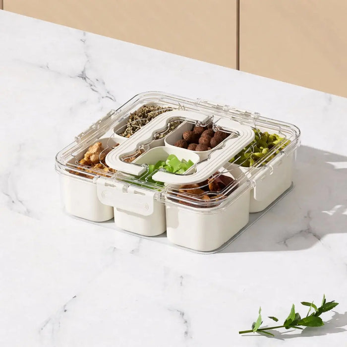 6-compartment meal prep container measuring 21 x 21 x 7 cm