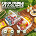 Transparent food storage containers with carry handles holding fruit and drinks for easy outdoor food storage.