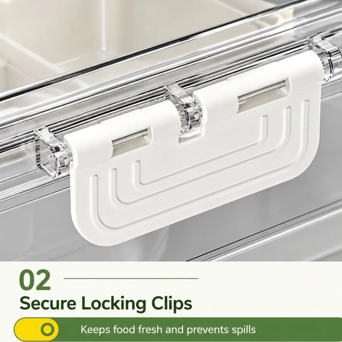 Divided food storage containers with secure locking clips to help prevent spills