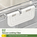 Divided food storage containers with secure locking clips to help prevent spills