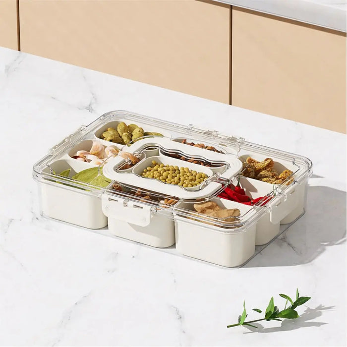 9-compartment meal prep container measuring 32 x 21 x 7 cm