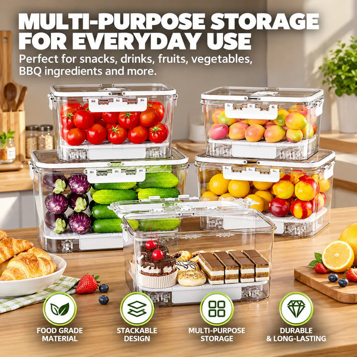 Food storage container set with stackable transparent containers and secure lids for storing fruits, vegetables, snacks and other foods.