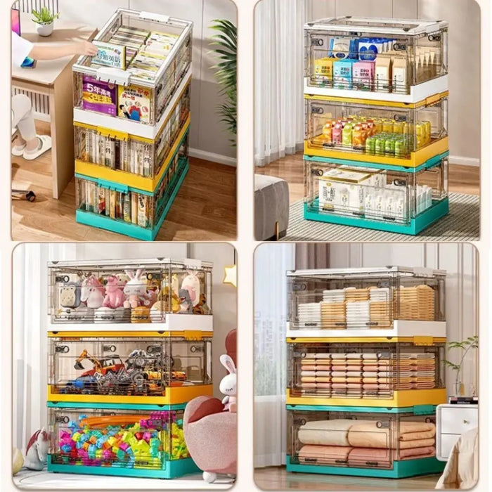Stackable foldable storage boxes for books, toys, clothing and household organisation