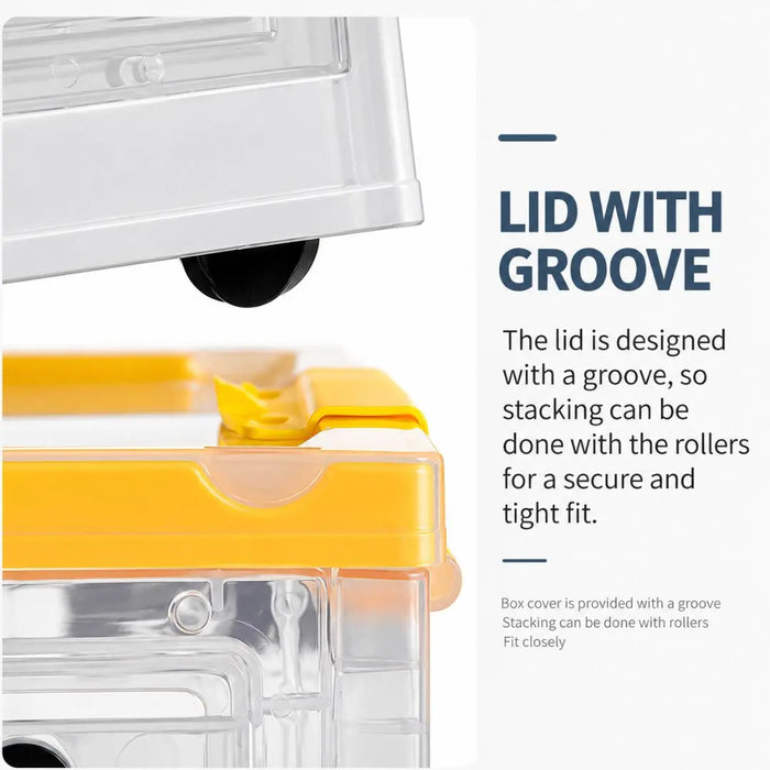 Collapsible storage box lid with groove for secure stacking with rollers