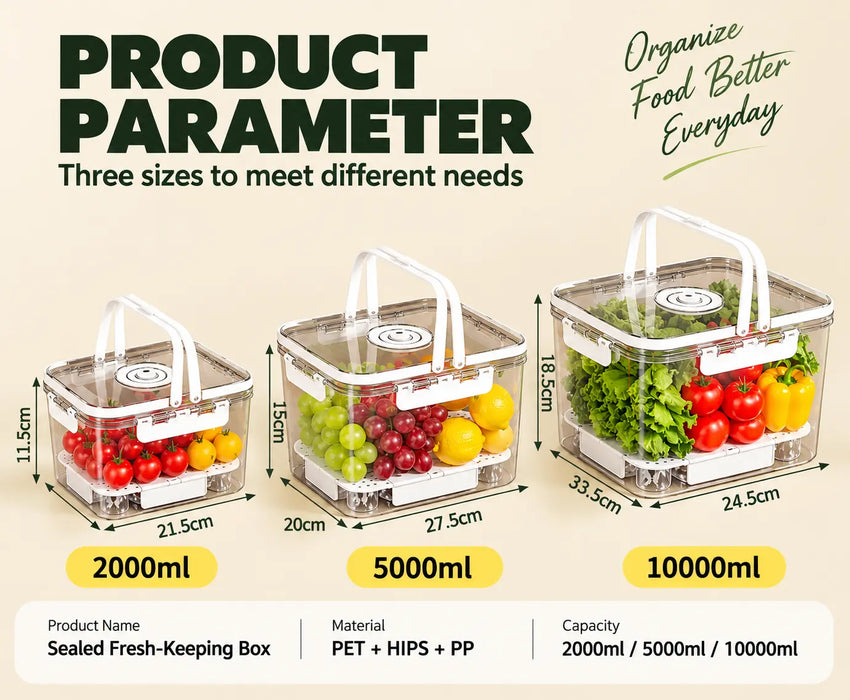 Food storage container set with three sizes, 2000ml, 5000ml and 10000ml, featuring transparent containers with secure lids and carry handles.