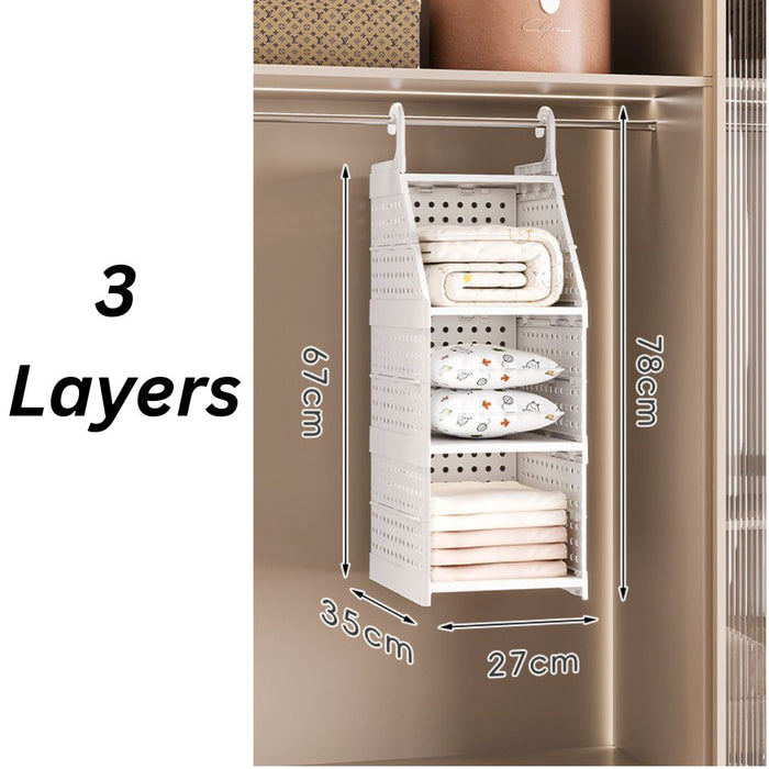 Three-layer Modular Wardrobe Storage Shelf showing height and width dimensions