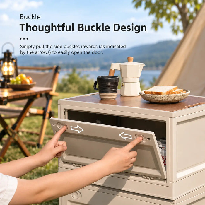 Camping storage box with buckle design for easy front door access