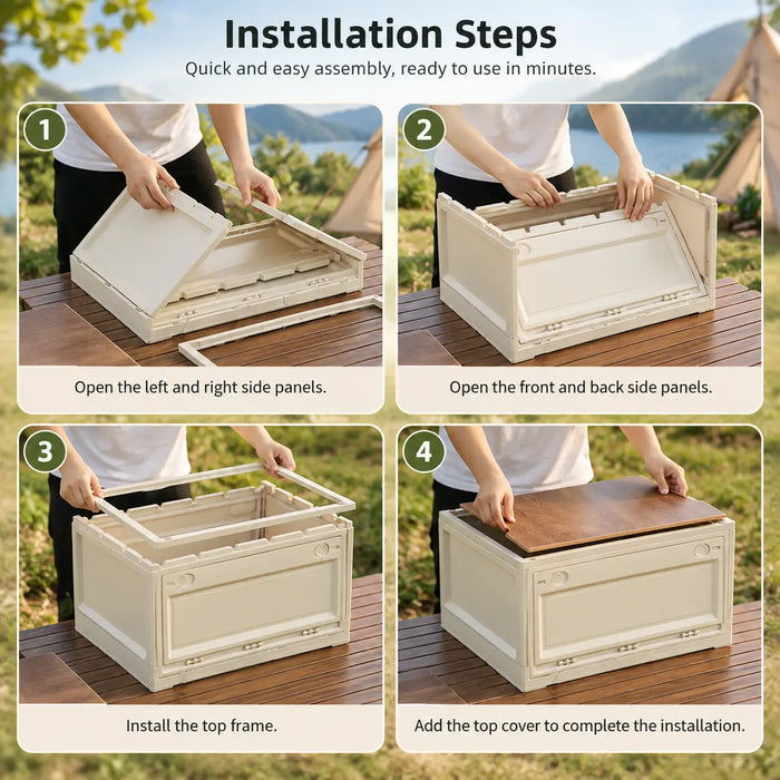 Camping storage box installation steps showing side panels, front panels, top frame and wood-grain cover