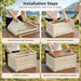 Camping storage box installation steps showing side panels, front panels, top frame and wood-grain cover