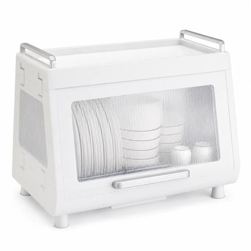 Compact dishrack with enclosed storage cabinet and transparent front door in white.