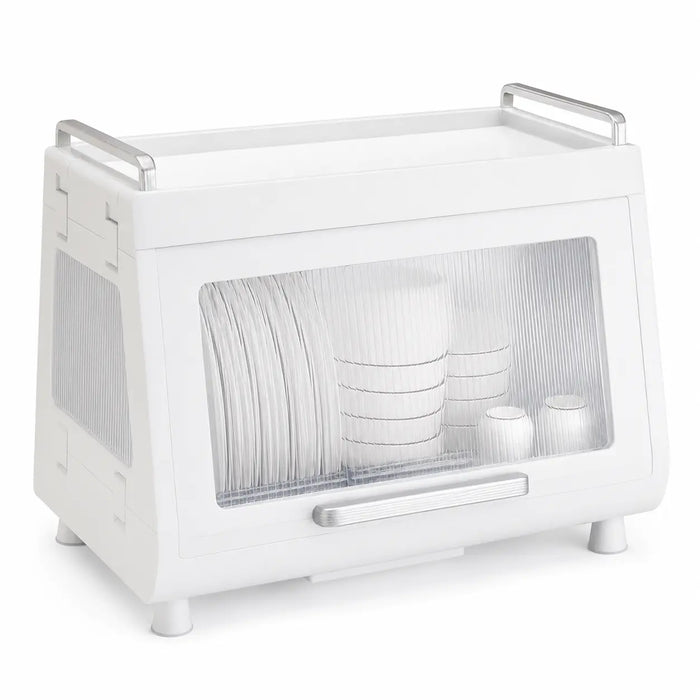 Compact dishrack with enclosed storage cabinet and transparent front door in white.