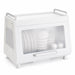 Compact dishrack with enclosed storage cabinet and transparent front door in white.