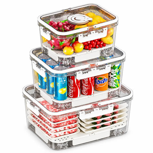 Fridge storage containers stacked with separate food storage trays