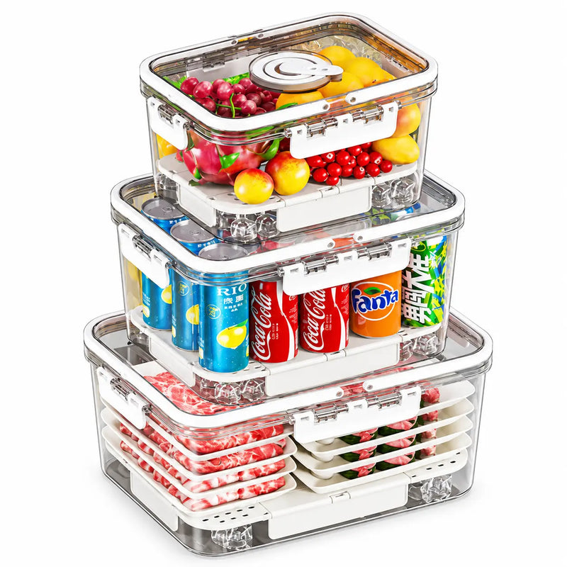 Fridge storage containers stacked with separate food storage trays