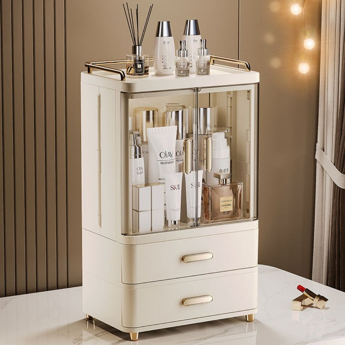 Beige makeup organiser with clear magnetic doors and drawers on vanity table
