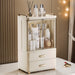 Beige makeup organiser with clear magnetic doors and drawers on vanity table