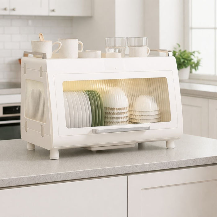 Dish Drying Cabinet with Lid – Compact Countertop Dish Rack with Drain Tray